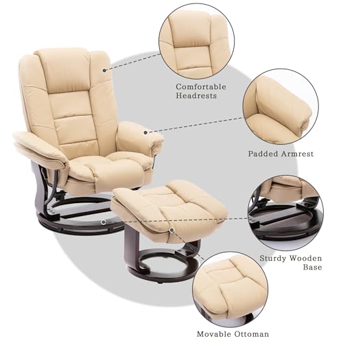 Swivel Recliner Chair with Ottoman Footrest Leather Adjustable Stressless Armchair, Beige
