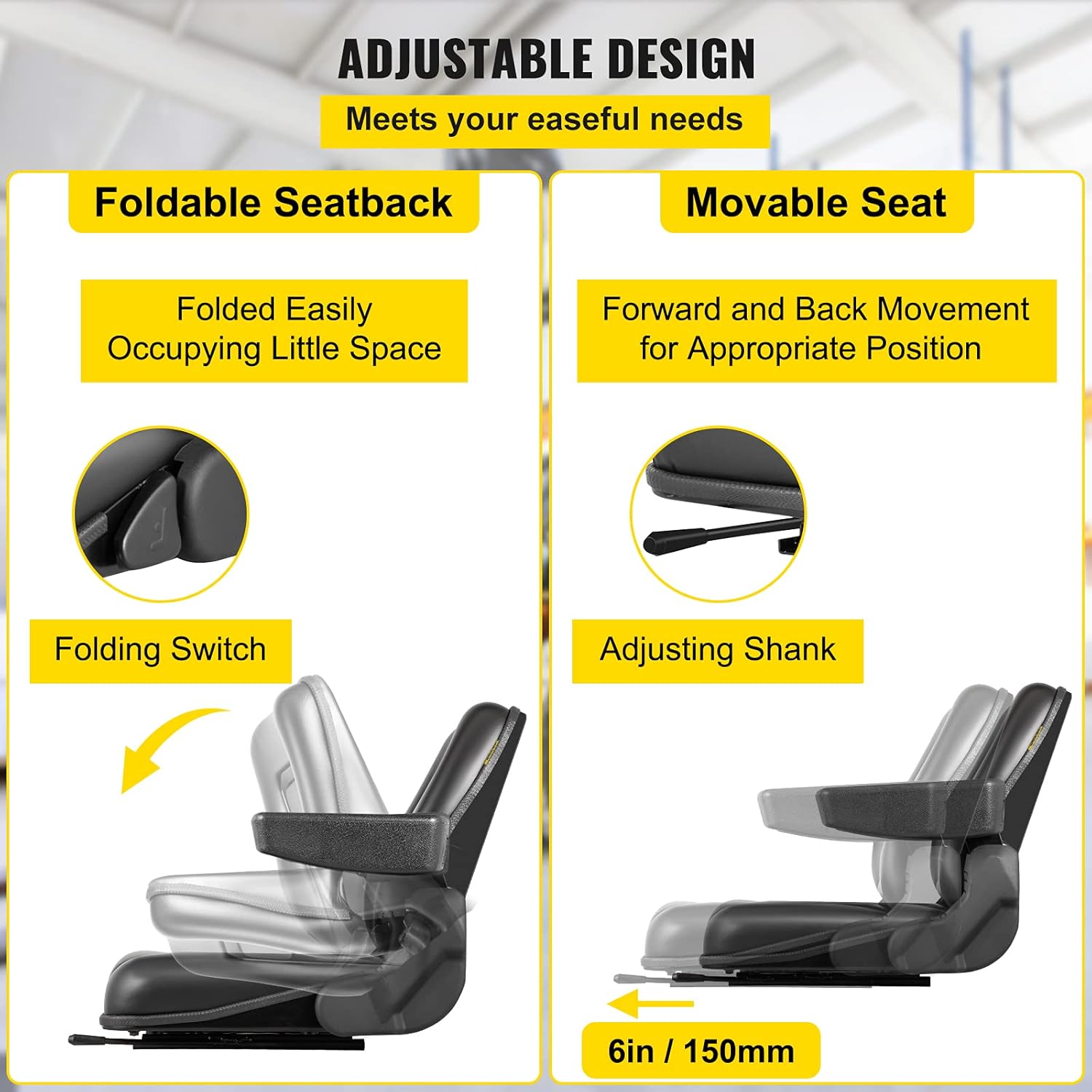VEVOR Universal Forklift Seat with Safety Switch,Black PVC Tractor Seat 18.5" x 20" x 18", 6" Adjustable Mower Seat, Foldable Seat Including Armrests, Skid Steer Seat Fit Forklift,Tractor,Skid Loader