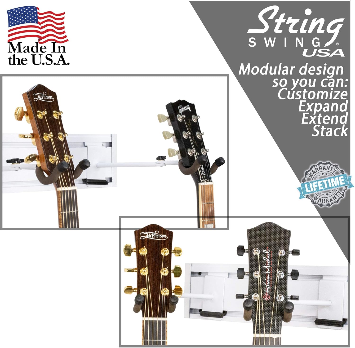 String Swing Guitar Wall Mount Rack Holds 5 Acoustic, Electric or Bass Guitars SW5RL-W-K