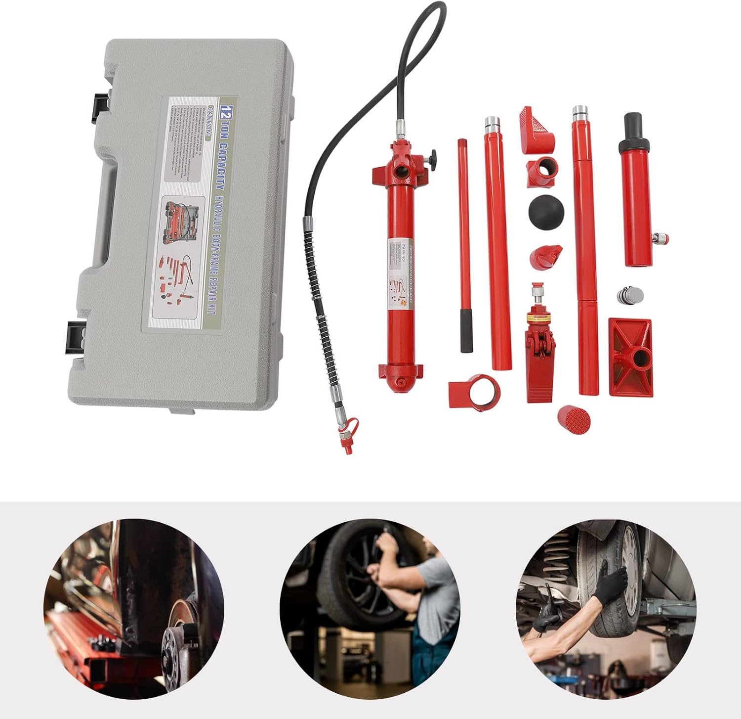 12 Ton Hydraulic Jack Ram Kit 14 Accessories Auto Body Frame Repair Kit Portable Hydraulic Lift Equipment Tool Steel Hydraulic Jack with Case Autobody Frame Repair Power Tools for Repair