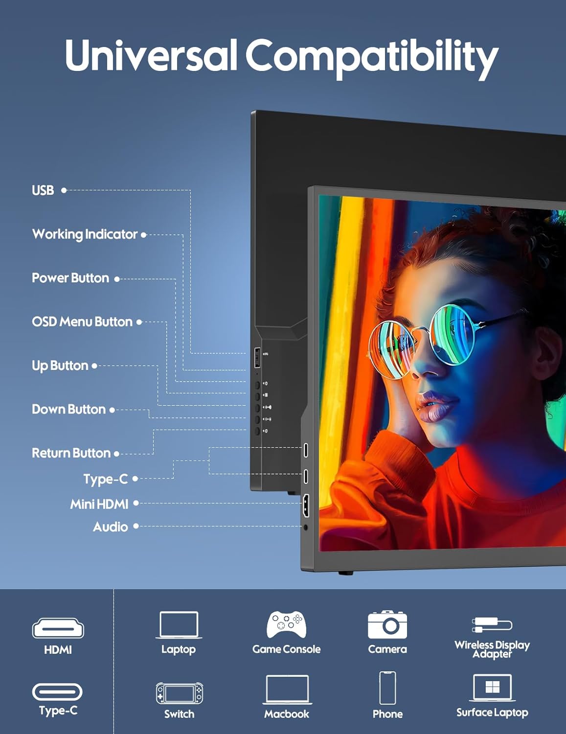 HONGO 18.5 inch 100Hz Portable Monitor 1080P, Large Portable Monitor Stand, FHD IPS Screen HDR Gaming Display, Travel Second Monitor for Mac PC Xbox PS4/5