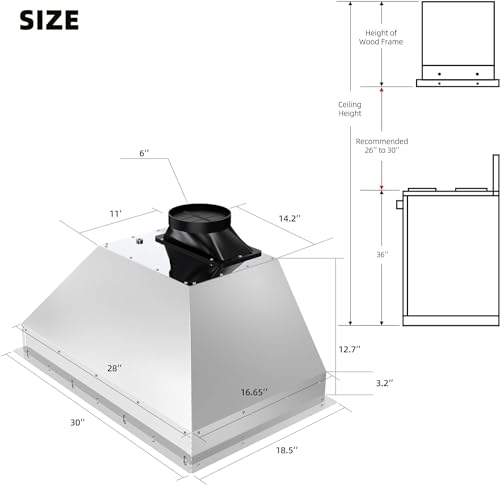 BRANO 30 Inch Insert Range Hood with Voice/Gesture/Touch Control, 900 CFM Built-in Kitchen Hood Vent with 4 Speed Exhaust Fan, Memory Mode, Adjustable Lights, Ducted/Ductless Convertible