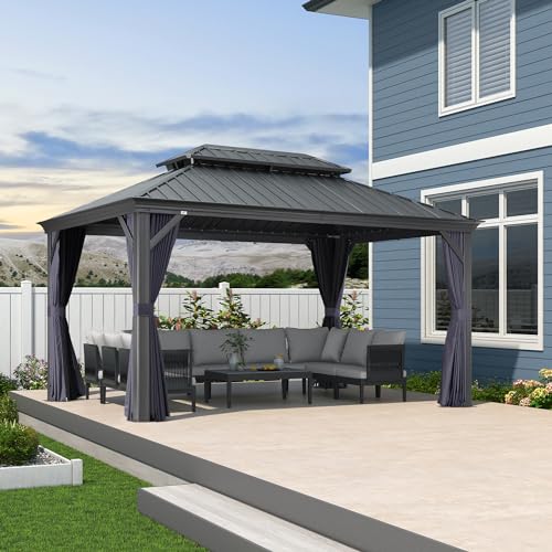 PURPLE LEAF 10' X 14' Permanent Hardtop Gazebo Aluminum Gazebo with Galvanized Steel Double Roof for Patio Lawn and Garden, Curtains and Netting Included, Grey