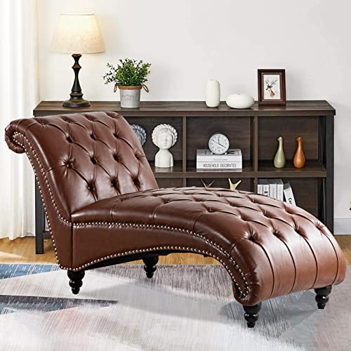 Modern Leather Lounge Chair with Nailhead Trim，Elegant Living Room Lounge Chair for Indoor Bedroom,Button Tufting Chaise Lounge Indoor. (Brown Leather)