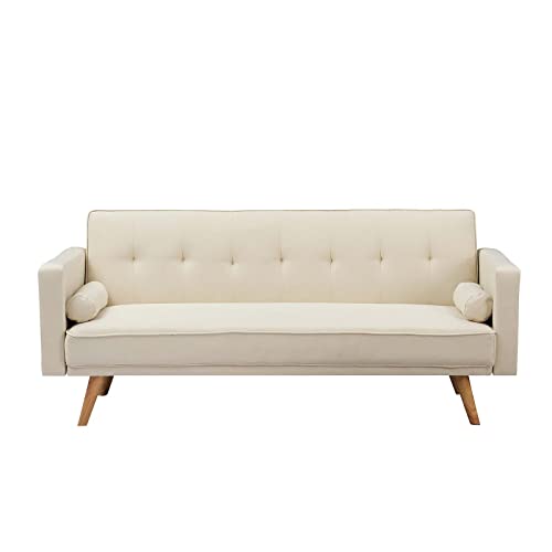 TMEOSK 71” Convertible Futon Sofa Bed, Folding Couch Loveseat Sofa with 2 Throw Pillows, Upholstered Recliner Sleeper Sofa Bed with Removable Armrests for Home Living Room Dorm Office (Beige)