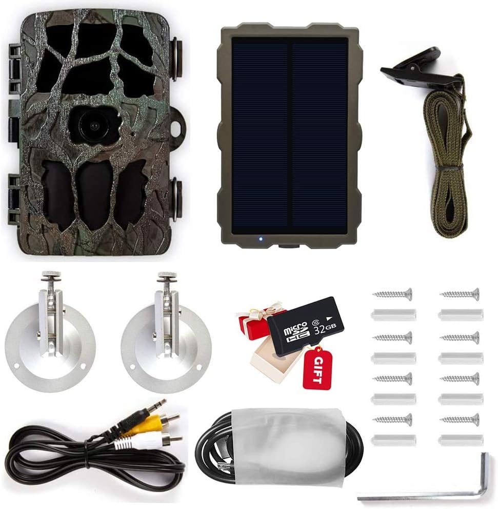 Trail Game Camera 4K 20MP 1080P Night Vision 98ft/30M 0.2s Motion Activated IP66 Waterproof 120° Wide Angle Lens 2.4" LCD Screen Hunting Scouting Cam with Portable Solar Panel and 32GB Card
