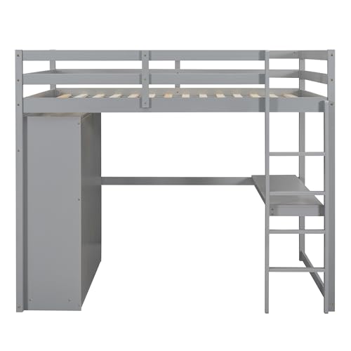 Harper & Bright Designs Full Size Loft Bed with Built-in Wardrobe, Desk, Storage Shelves and Drawers, Solid Wood Loft Bed Frame, White