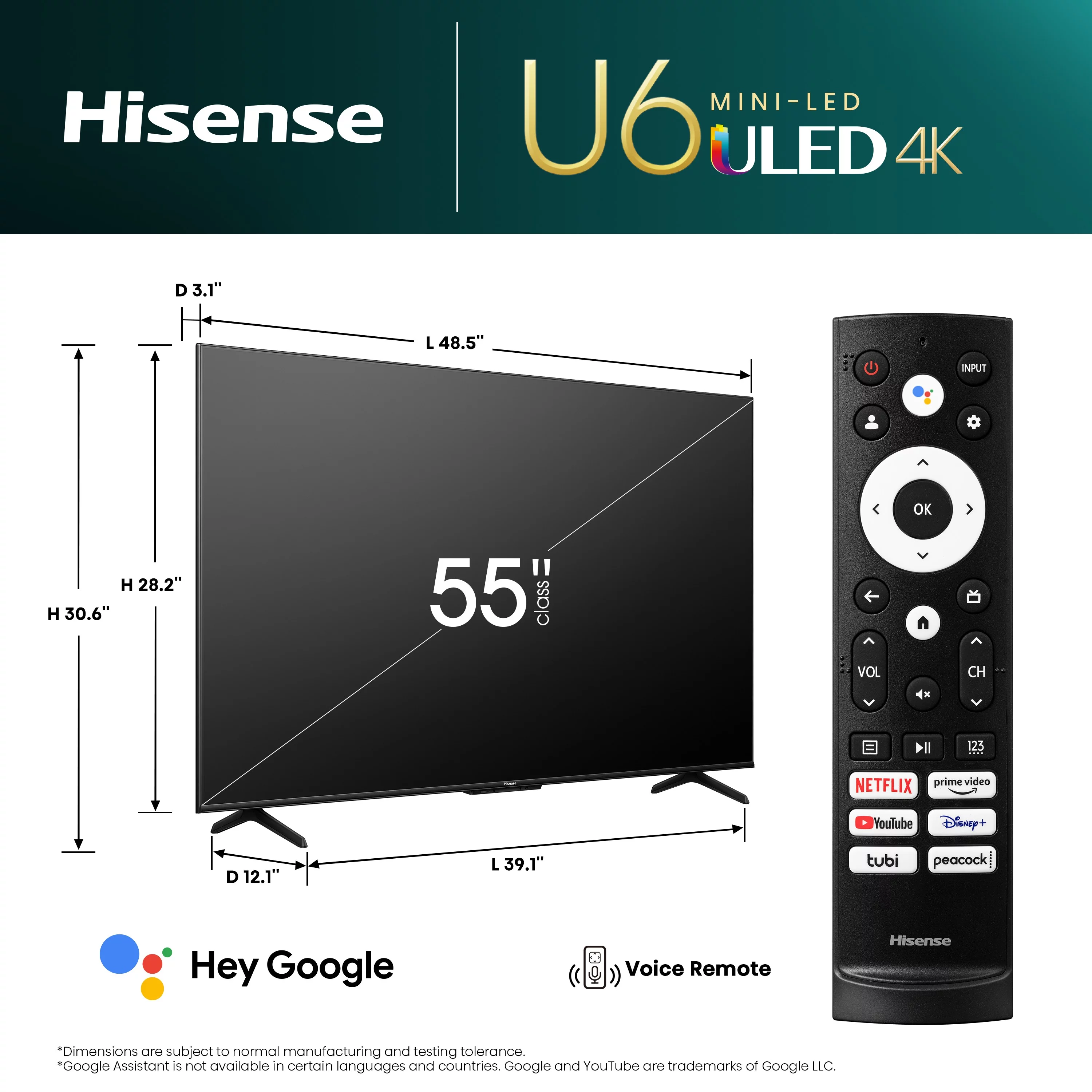 Hisense 55-Inch Class U6 Series Mini-LED QLED Google Smart TV (55U6K) - QLED, 600-Nit, Dolby Vision IQ & Dolby Atmos, Full Array Local Dimming