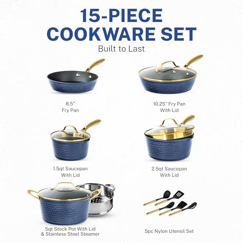 Granitestone 15 Pc Kitchen Pots and Pans Set Non Stick, Pot and Pan Set, Kitchen Cookware Sets, Induction Cookware Set, Non Stick Pots and Pan Set with Lids, Pot Set, Dishwasher Safe, Navy Gold