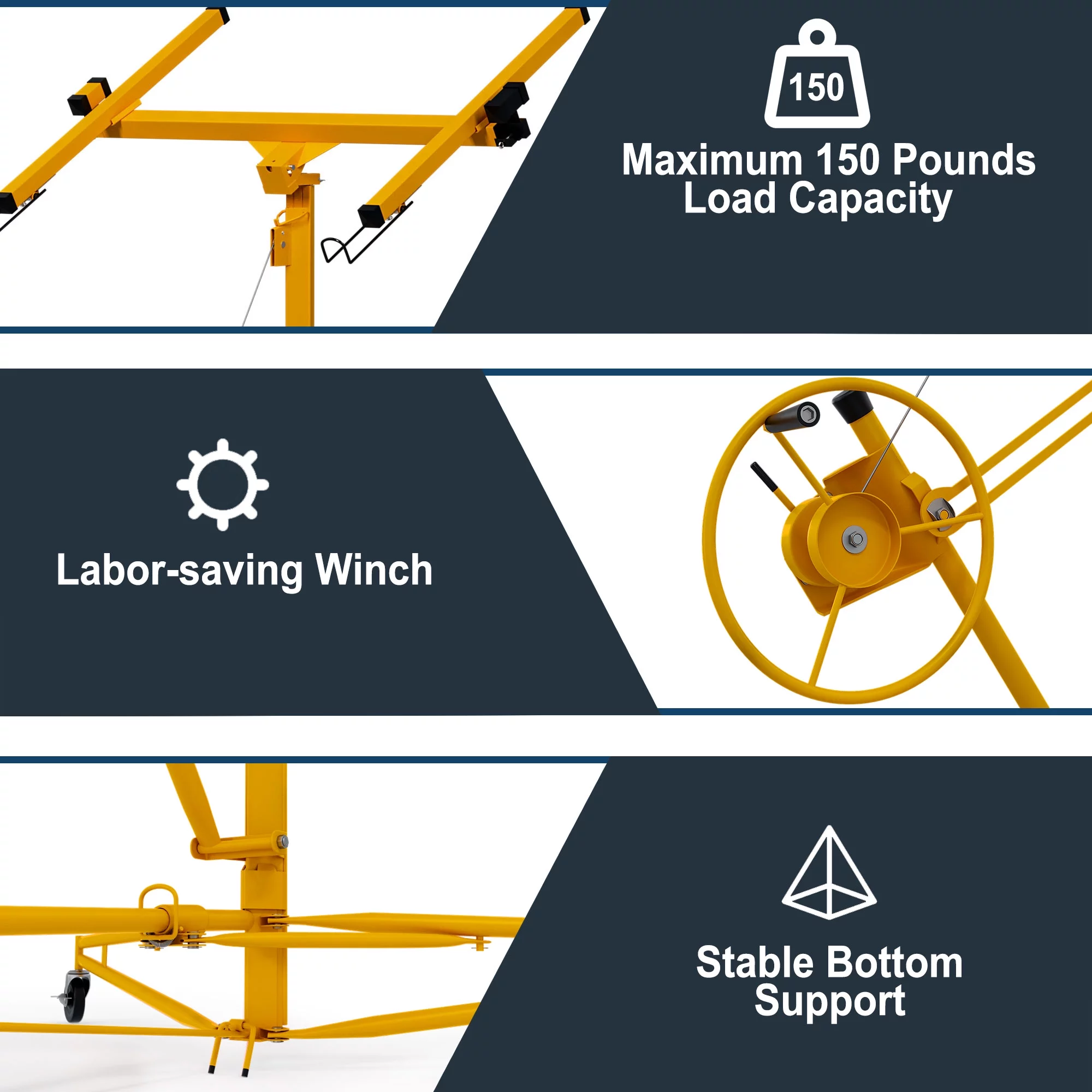 Ufurpie 11FT Drywall Rolling Lifter Panel,Sheetrock Lift, 150lb Weight Capacity Panel Hoist Jack Tool, Steel Material w/Telescopic Arm & 3 Lockable Wheels,Yellow
