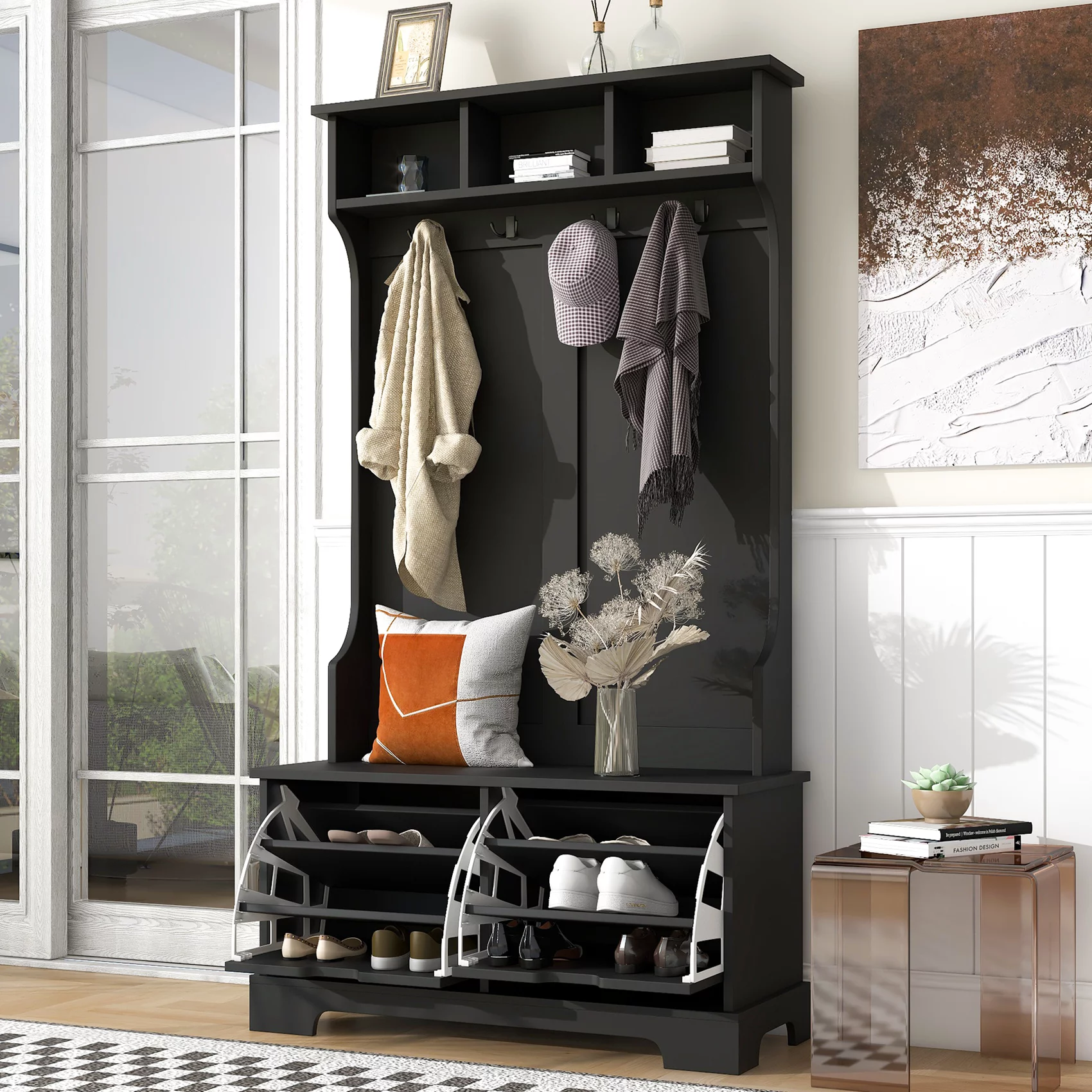 Hall Tree with Bench and 2 Flip Shoe Storage Drawers, Entryway Bench with Coat Rack and 3 Top Shelves, Mudroom Bench with Storage and 4 Metal Double Hooks for Entry way, Hallway (Black)