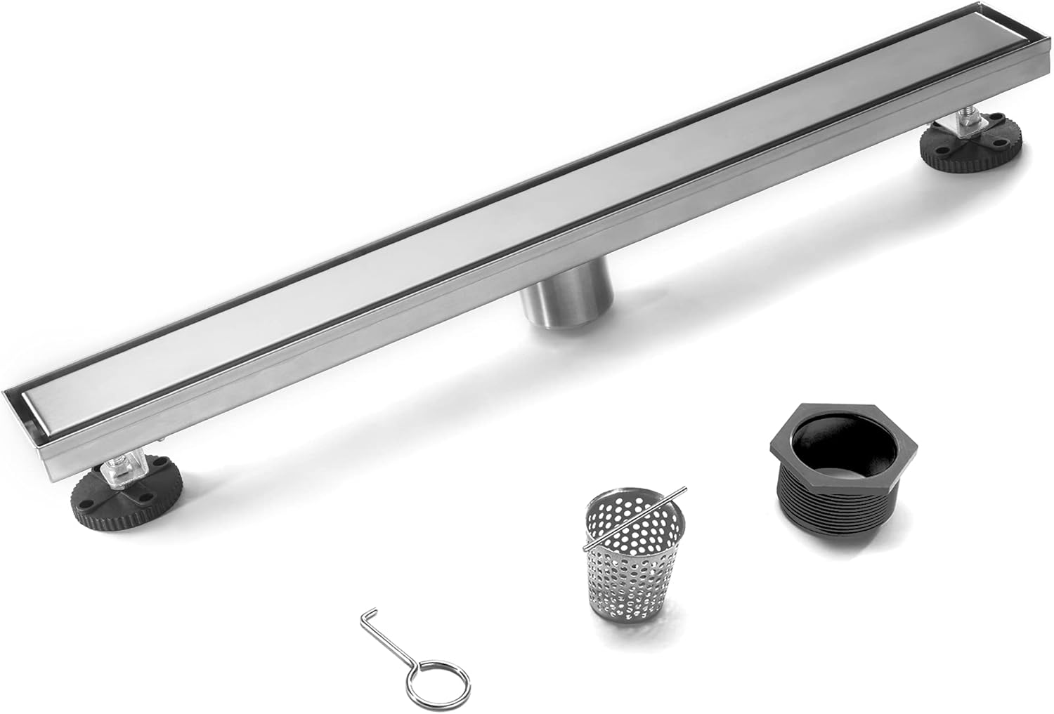 HEATGENE Linear Shower Drain 24-Inch, Stainless Steel Rectangle Shower Floor Drain with 2-in-1 Flat & Tile Insert Cover, Shower Drain with Leveling Feet & Hair Strainer, Matte Black Pack of 2