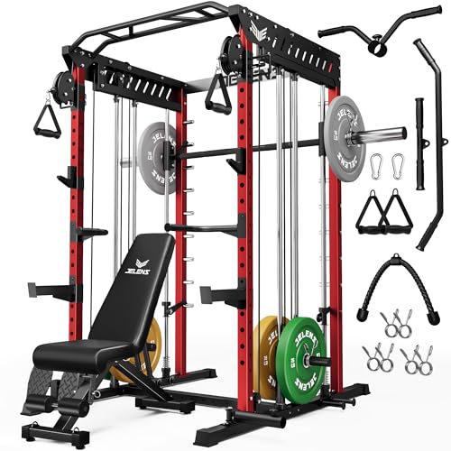 M21 Smith Machine, Multi-Function Power Cage with Dual Pulley Cable Crossover System, 2000LBS All-in-One Squat Rack with Smith Bar and Attachments