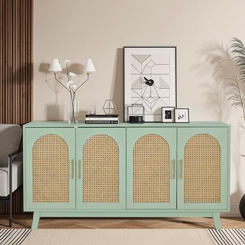 Sideboard Accent Storage Cabinet with Rattan Decorated 4 Doors Modern Freestanding Kitchen Buffet Table Cupboard Accent Cabinet for Dinging Room, Living Room, Entryway,Mint Green, M042310