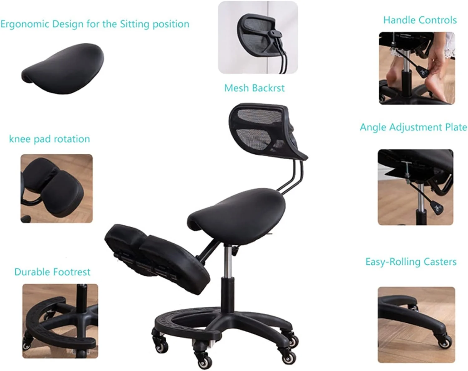 xrboomlife Ergonomic Kneeling Chair with Back Support  Wheels  Adjustable Saddle Chair for Home and Office with Angled Seat for Better Posture  Black