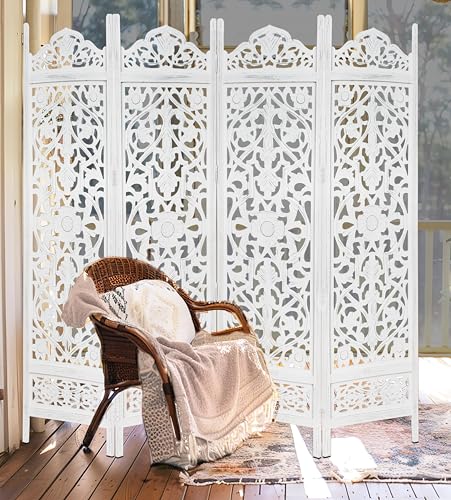 Room Divider Wood Screen - Ghanti Bells Antique Brown - 4 Panel Folding 72 x 80 - Assembled Hand Carved Decorative Functional Versatile Portable Partition Reversible Privacy Boho - COTTON CRAFT