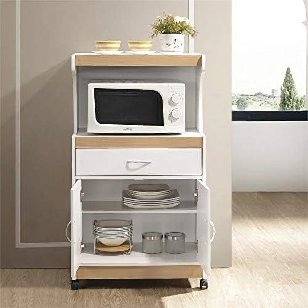 Microwave Kitchen Cart With Utenstil Drawer And Storage Cabinet In White