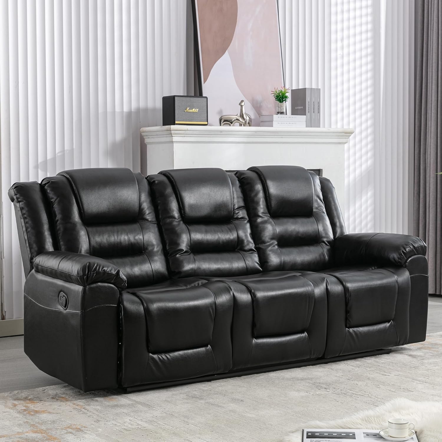 3 Seater Wall Hugger Manual Reclining Loveseat Couch, Faxu Leather Motion Sofa RV Chair Home Theater Lounge Seating with Center Console and Fold Down Table w/Cupholders for Living Room Office