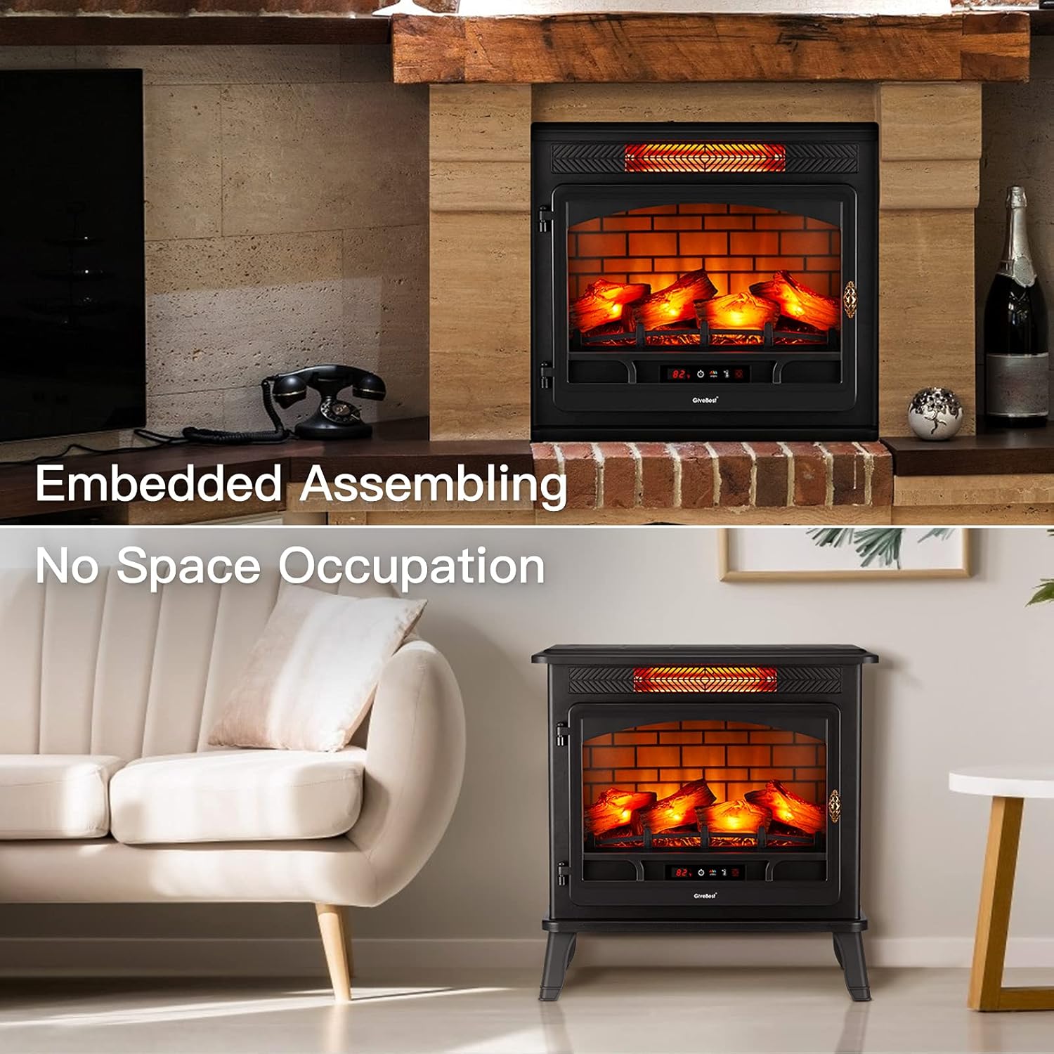 Electric Fireplace Infrared Heater, 24" Freestanding Portable Stove Heater with 3D Realistic Flame, Overheating Safety Protection with Remote Control and Timer, 1500W