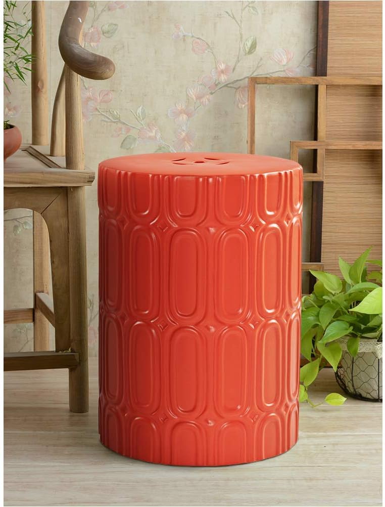 MOTINI Heavy Duty Ceramic Decorative Garden Stool Elliptical Pattern Side Table for Indoor, Outdoor, Garden, Patio, Lawn, Home Decor, 16 H, White and Brown