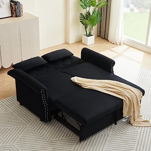 3 in 1 Convertible Sofa Bed with 2 Lumbar Pillows, Velvet Upholstered Sleeper Recliner Sofa Couch with Detachable Armrest, Multifunctional Pull Out Couch for Living Room, Bedroom, Office, Black