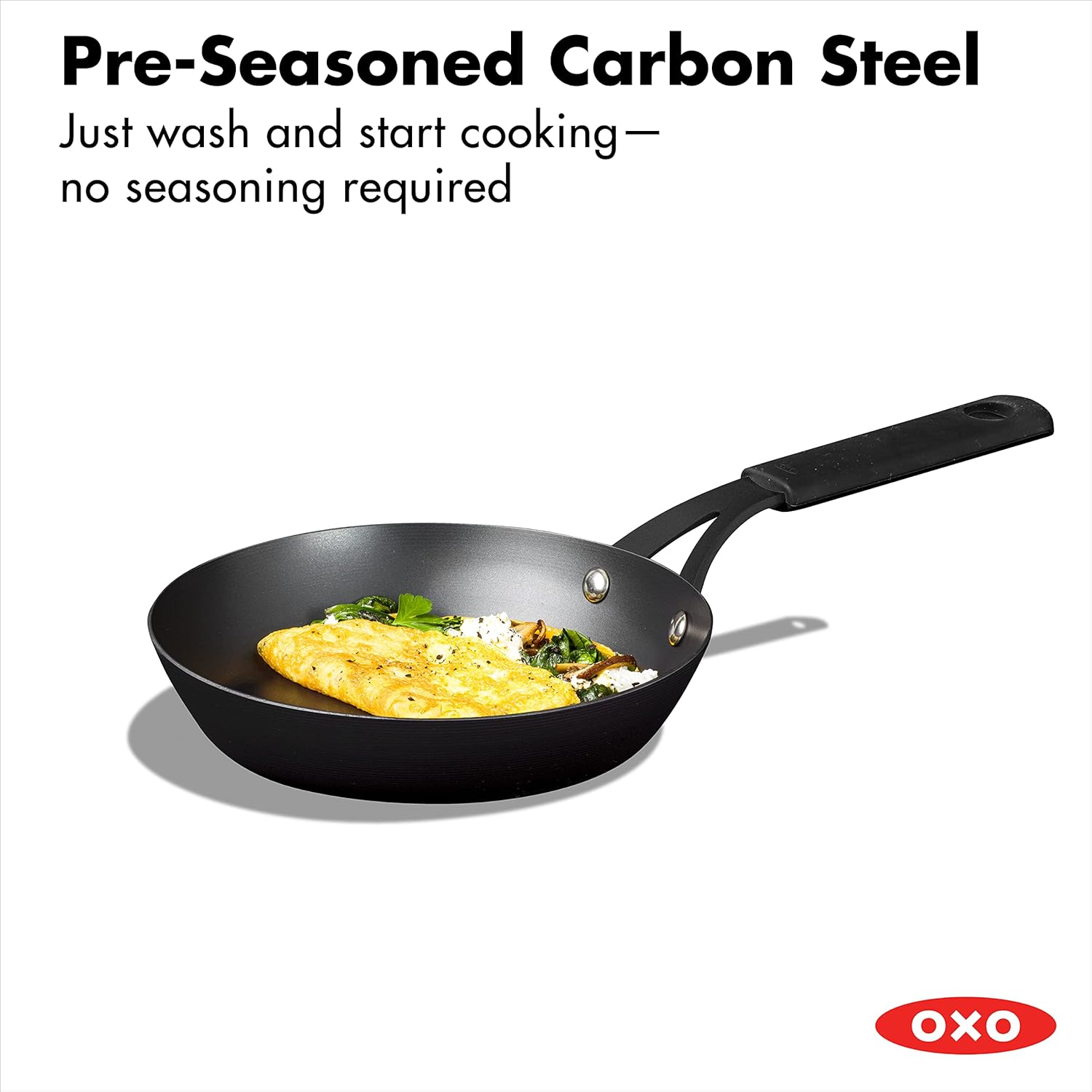OXO Obsidian Pre-Seasoned Carbon Steel Induction Safe 12 Outdoor Frying Pan/Skillet with Silicone Sleeve, Black