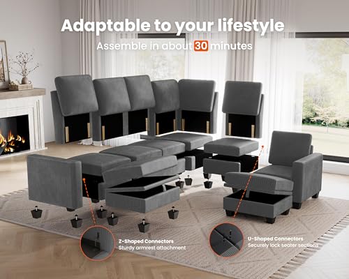 Modular Sectional Couch| Corduroy L Shaped Sleeper Sofa, 10 Seat U-Shape Sofa Bed Convertible Chaise with Storage Ottoman for Living Room Modern Furniture