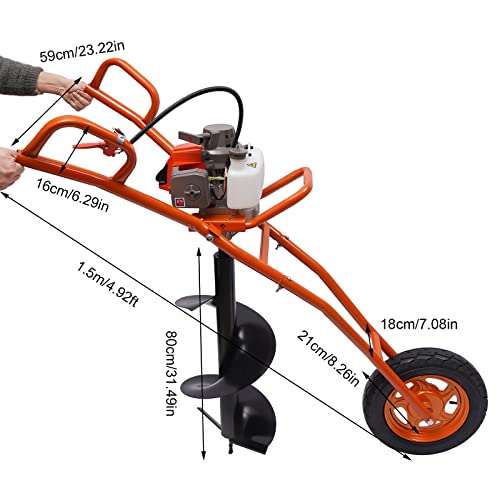 63CC Post Hole Digger 3HP Gas Powered Earth Auger Borer Ground Drill Gasoline Earth Auger Wheelbarrow with 11" Bit for Fence Ground Drill Garden Tree Planting (Red)
