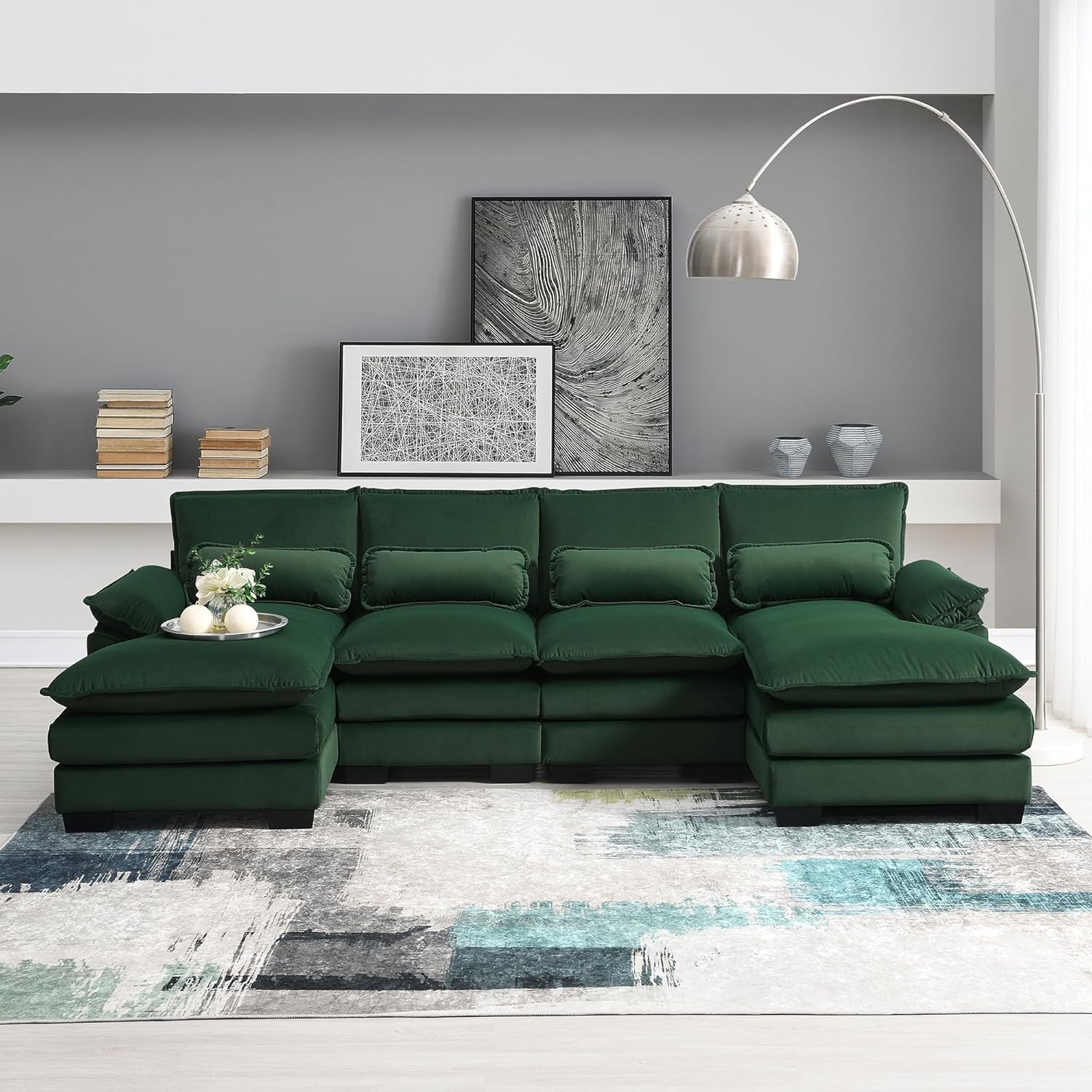 11055" Modern U-Shaped Sectional Waist Pillows,6-seat Upholstered Symmetrical Furniture,Sleeper Sofa Couch with Chaise Lounge for Living Room,Apartment, Green