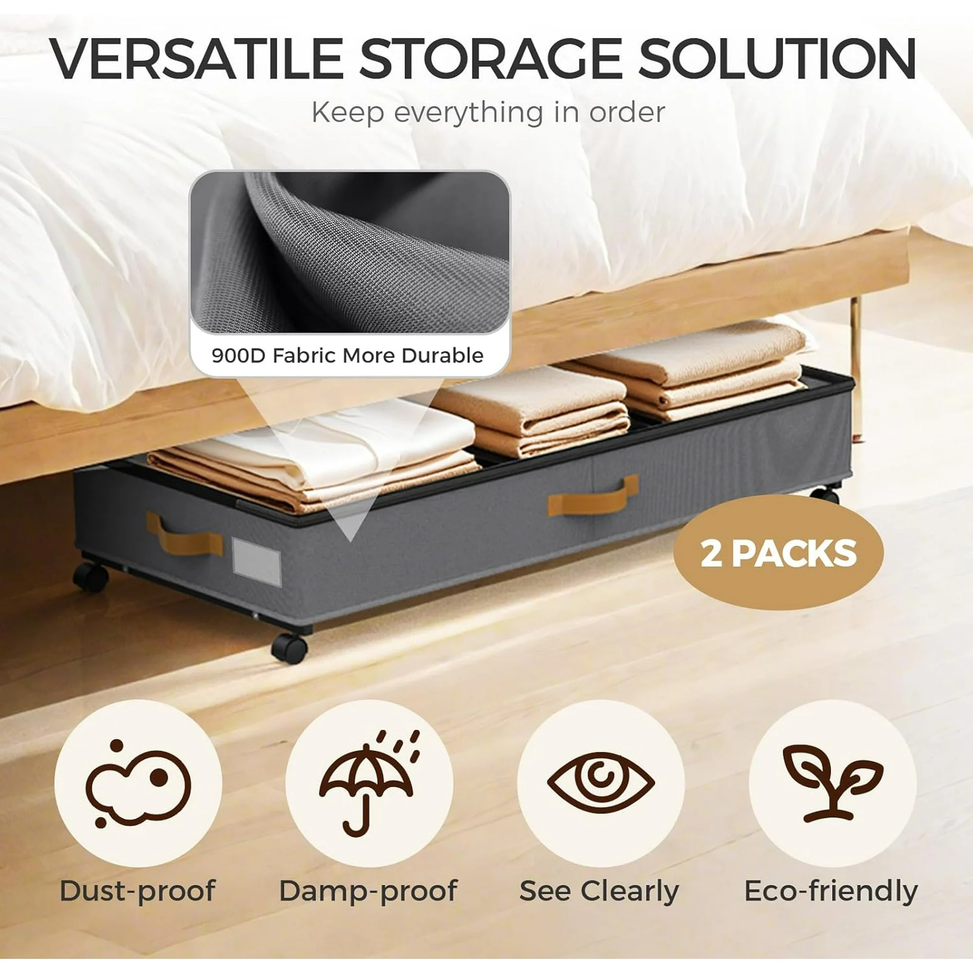 Under Bed Storage with Wheels 2-Pack, 75L XXL Under the Bed Storage Containers Large, 12 Tall Adjustable Storage for Underbed with Lids, Rolling for Shoes, Clothes, Blankets (Grey)
