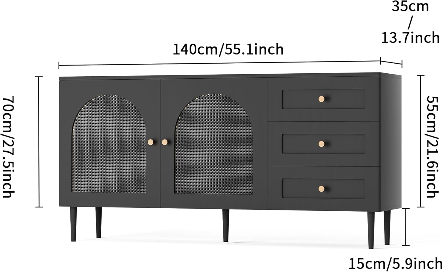 Modern Black Sideboard Buffet Cabinet with Storage & 3 Drawers, Console Table with Storage, Kitchen Cabinet Adjustable Shelves for Dining Room, Living Room, Entryway