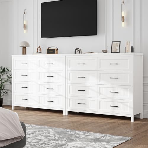 Elegant Farmhouse 8 Drawer Dresser for Bedroom - Large Wooden Double Dressers with Deep Drawers Dressers for Hallway, or Entryway - White & Brown