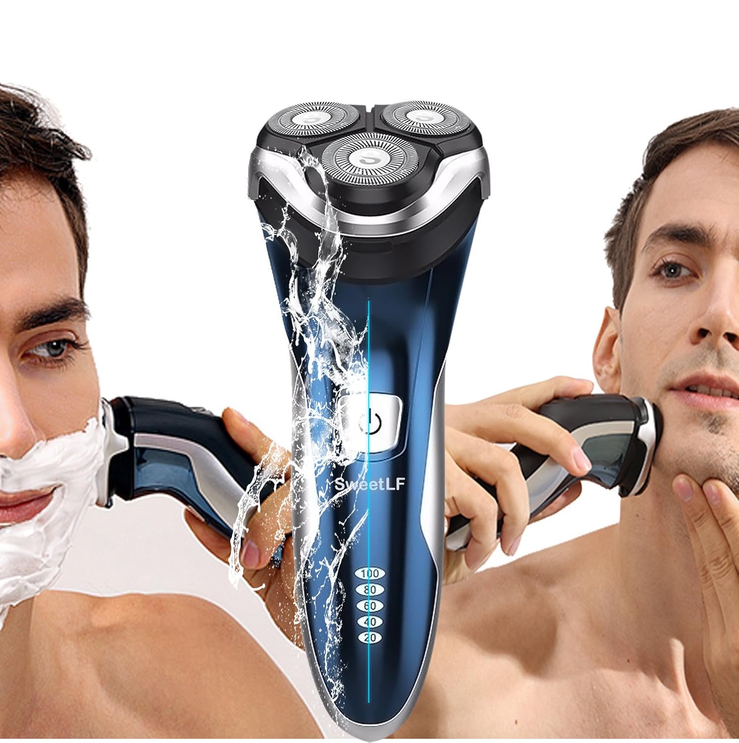 SweetLF 3D Rechargeable Waterproof IPX7 Electric Shaver Wet & Dry Rotary Shavers for Men Electric Shaving Razors with Pop-up Trimmer, Blue Pack of 2