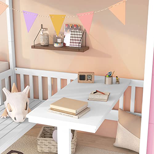 Twin Castle Style Bunk Bed with Slide, Twin-Over-Twin Bunk Bed with 2 Drawers and 3 Shelves, Storage Staircase, Save-Space Solid Wood Bunk Bed Frame for Teens (Pink-Twin-Castle Style)