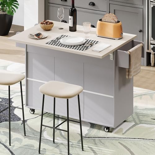 60" Kitchen Island with Drop Leaf and Power Outlet, Rolling Kitchen Cart on Wheels with Trash Can Storage Cabinet, Spice Rack, Towel Rack and Adjustable Shelf for Dining Room