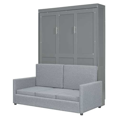 Polibi Full Size Murphy Bed with Loveseat Sofa, Wall Bed with Cushions, Horizontal Foldable Bed Frame, Grey
