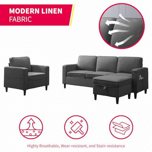 MUZZ 3PCS Living Room Sofa Set, Linen Upholstered Sofa Couch with Side Pockets & Movable Storage Ottoman, Free Combination Sofa Set Include Armchair,Loveseat and 3 Seater Couch (Dark Grey)