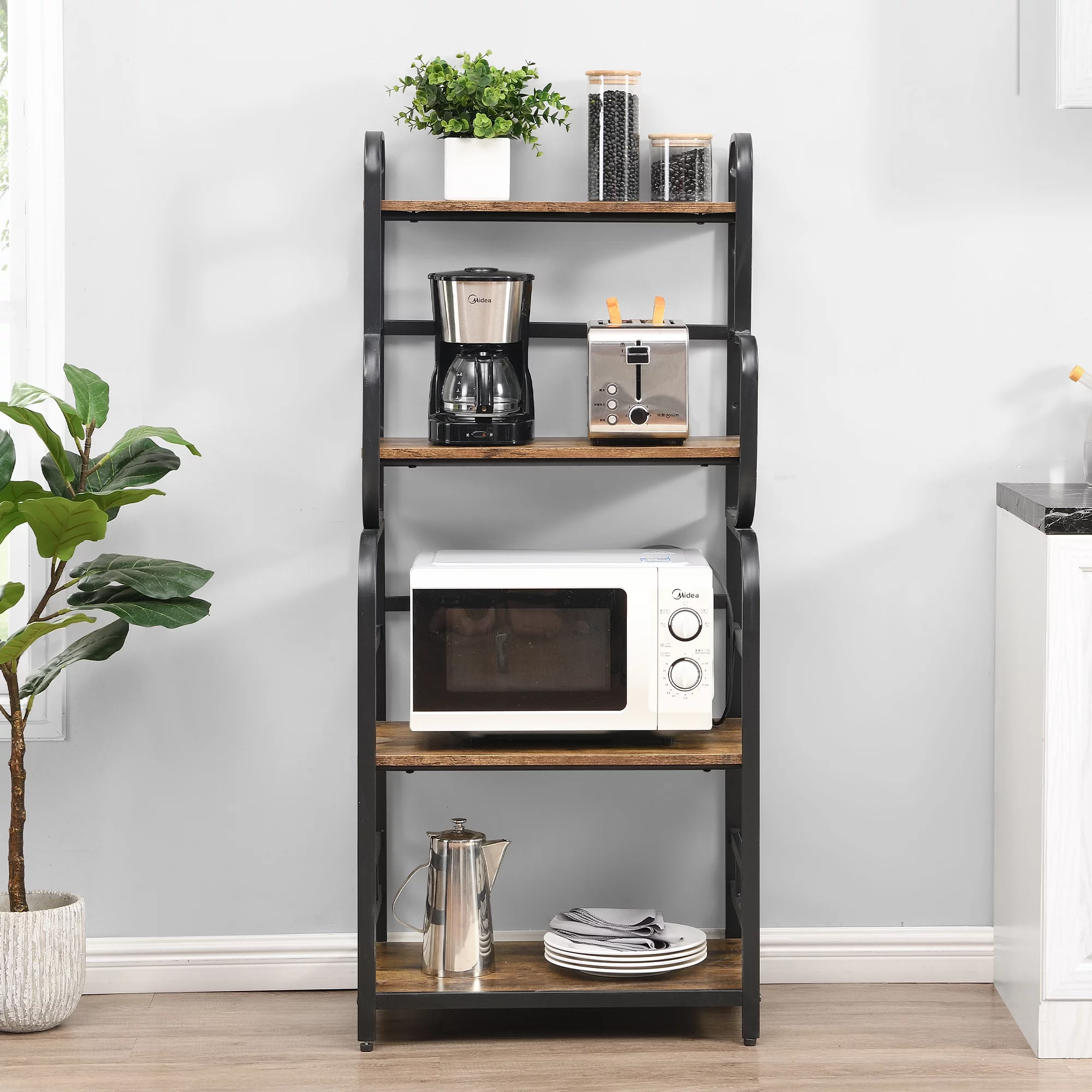 O&K Furniture 4-Tier Kitchen Bakers Rack, 54’’ Microwave Oven Stand with Storage Shelves, Black