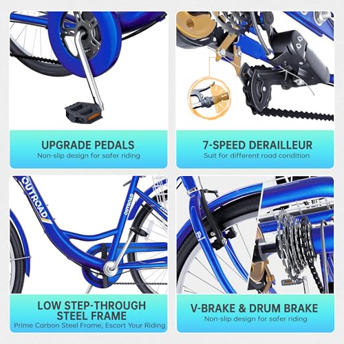 Outroad Adult Tricycle, 24/26 inch 7 Speed Cruiser Trike, 3 Wheel Bikes with Large Basket for Seniors, Women, Men, Adult Trikes for Shopping Picnic Outdoor Sports,26 inch Blue