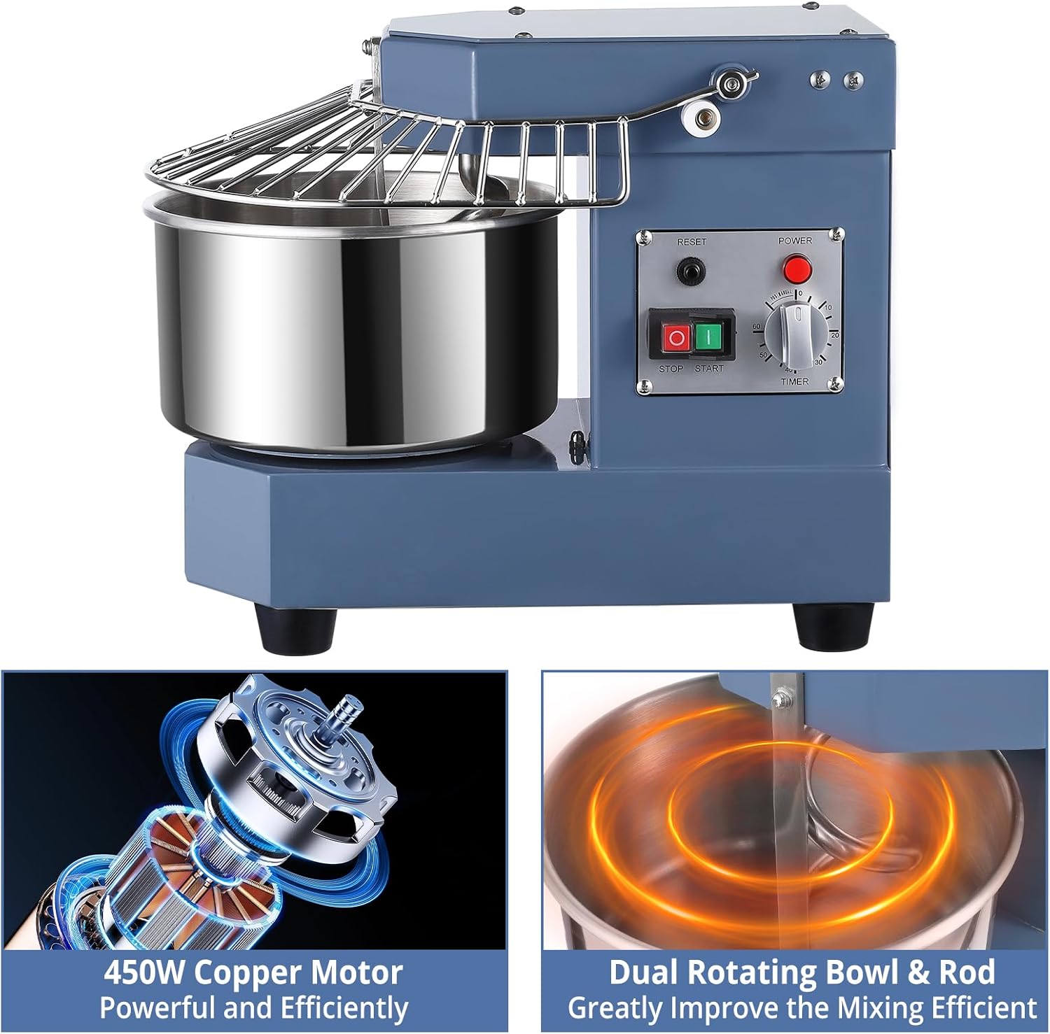 Commercial Dough Mixer 8.5Qt, 450W Dual Rotating Dough Kneading Machine with Food-grade Stainless Steel Bowl, Security Shield & Timer, Electric Spiral Mixer for Restaurant Bakery Pizzeria