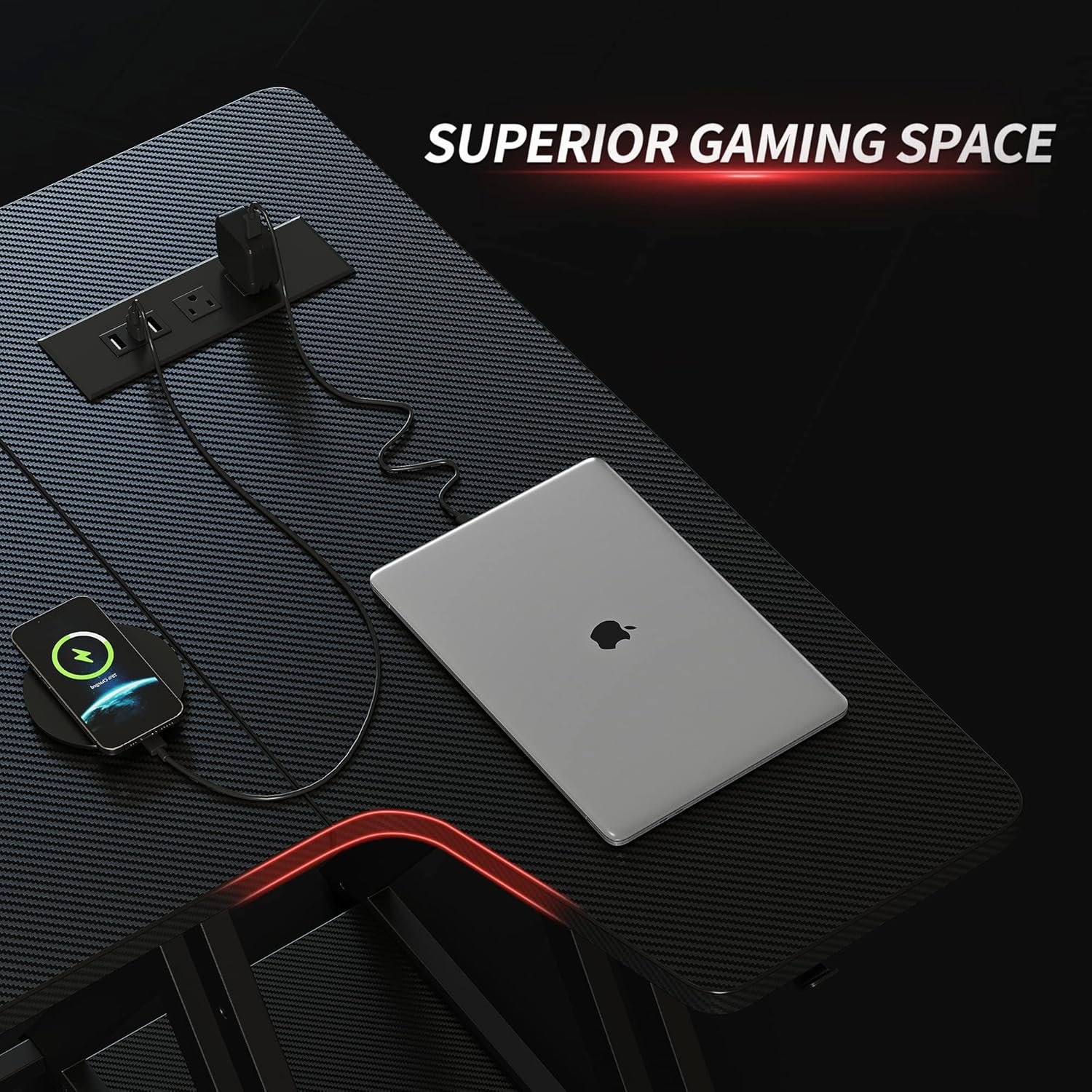 CubiCubi Aurora Gaming Desk with LED Lights & Power Outlets, 40 Inch L Shaped Carbon Fiber Surface Desk with Storage Shelves, Small Corner Computer Desk with Monitor Shelf, Gamer Desk PC Table, Black