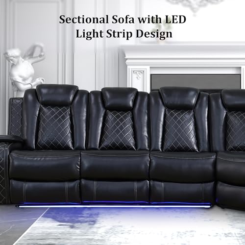 Power Recliner Sectional Sofa with LED Light, Breathing Leather Recliner Sofa Couch with USB Port/Cup Holder/Storage for Living Room (6 Seat Reclining Sectional Couch, Black)