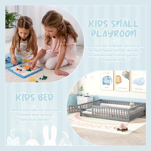 Full Size Montessori Floor Bed with Safety Fence and Door, Solid Wooden Kid Toddler Bedframe, Floor-Bed-Frame for Children Bedroom, Boys Girls, Kids Playroom, Gray