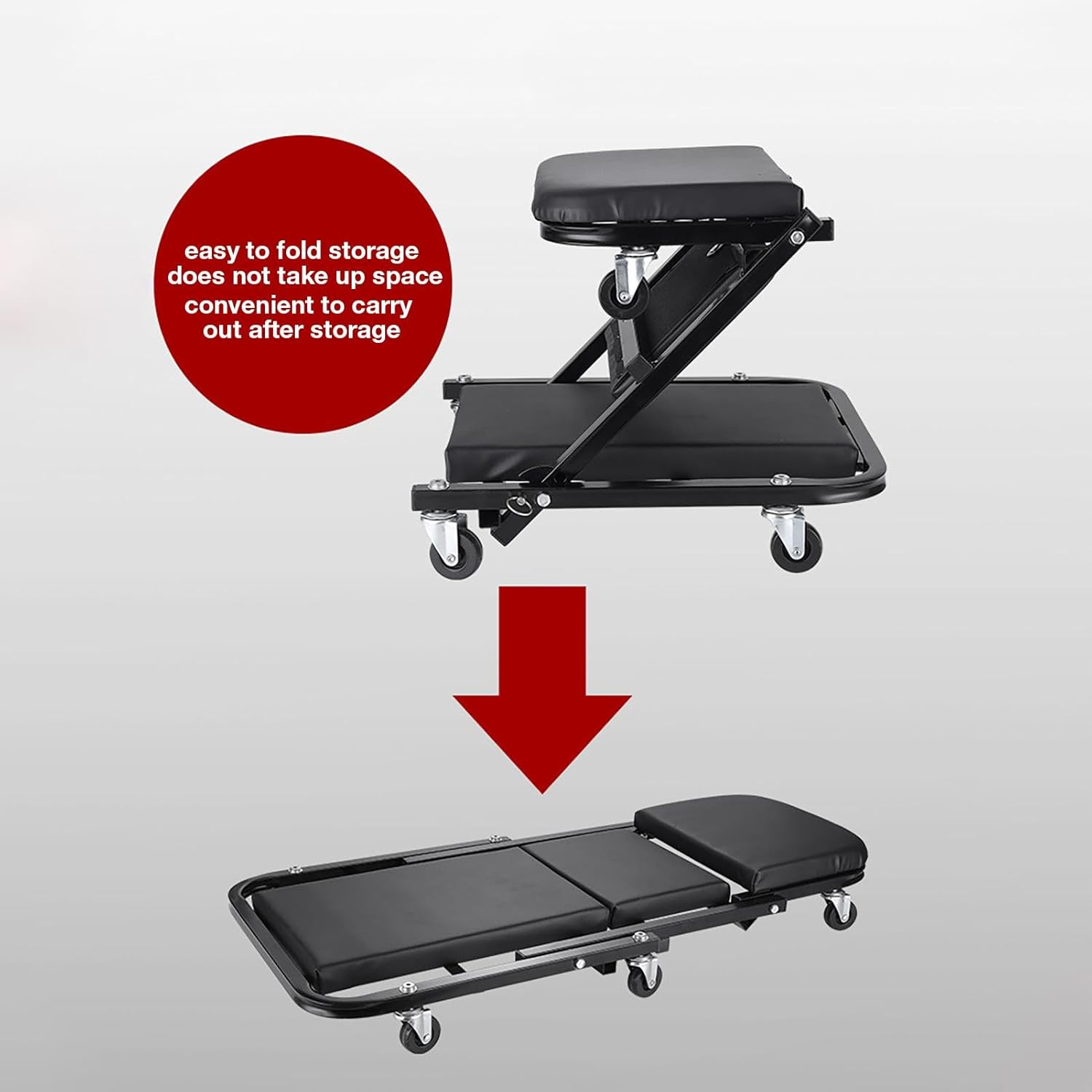 Foldable Z Creeper, 2-in-1 Rolling Folding Car Creeper & Seat, 36 Inches Adjustable Roller Garage Chair Lay Down or Sit, Seamless Steering Under Car Roller Creeper with 6 Swivel Casters