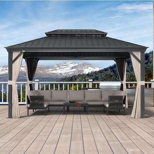 PURPLE LEAF 10' X 14' Permanent Hardtop Gazebo Aluminum Gazebo with Galvanized Steel Double Roof for Patio Lawn and Garden, Curtains and Netting Included, Grey
