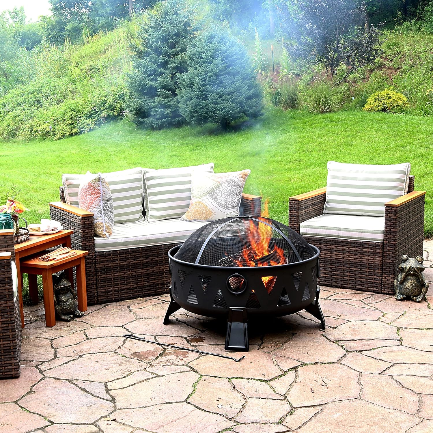 Sunnydaze 25-Inch Steel Wood-Burning Fire Pit with Mesh Stripe Cutouts - includes Poker and Spark Screen