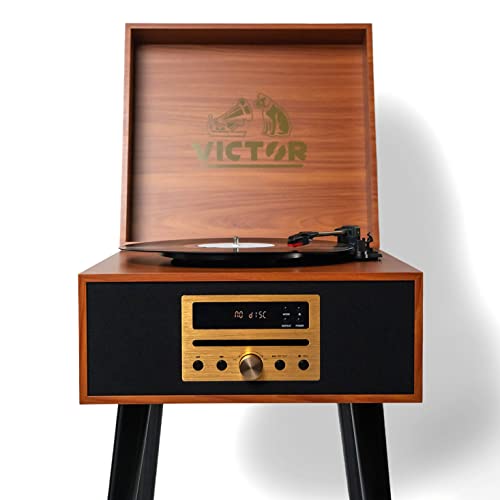 VICTOR Newbury 8-in-1 Turntable Music Center with 3-Speed Record Player, CD/MP3 Player, FM Radio, Dual Bluetooth In & Out, USB Playback & Record, Built-In Stereo Speakers & Chair Height Legs, Espresso