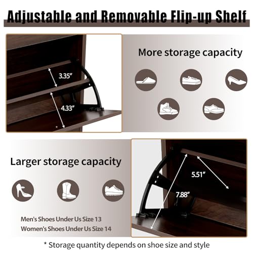 Farmhouse Shoe Cabinet, 2 Flip Drawers & Top Fence, Suitable for Entryways, Free-Standing Storage Shelves with Metal Legs, Narrow Shoe Organizer for Heels, Boots, Slippers, Walnut Brown