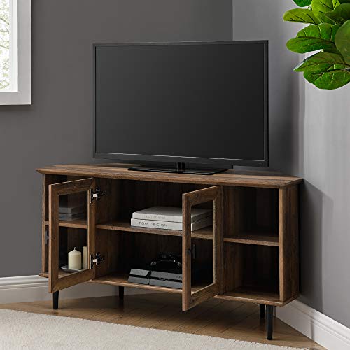 Walker Edison Modern Wood Corner Universal TV Stand with Open Shelves Glass Cabinet Doors Storage for TV's up to 55" Flat Screen Living Room Storage Entertainment Center, 48 Inch, Rustic Oak