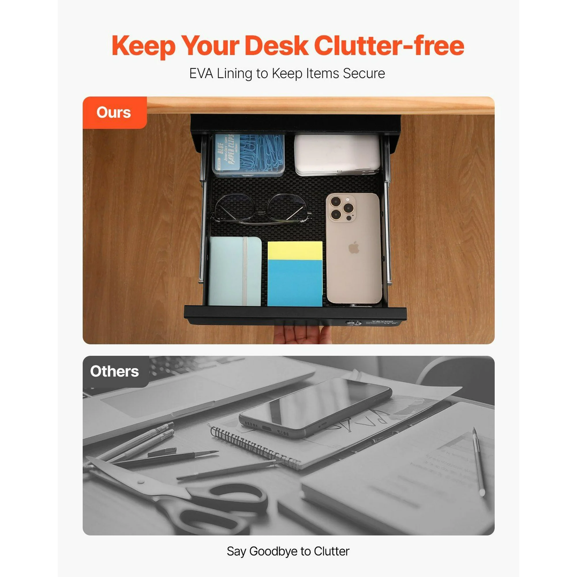13 in Under Desk Lockable Storage Drawer, Retractable Organizer Tray for Workspace